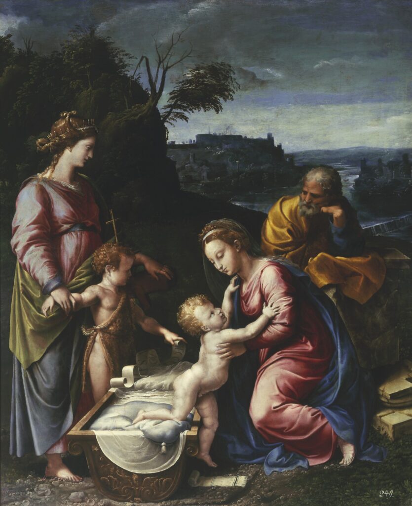 Giovanni Francesco Penni „Święta Rodzina ze św. Janem i św. Katarzyną Aleksandryjską”, po 1527, olej na desce topolowej, wymiary 115x95 centymetrów, zbiory Muzeum Narodowego w Warszawie